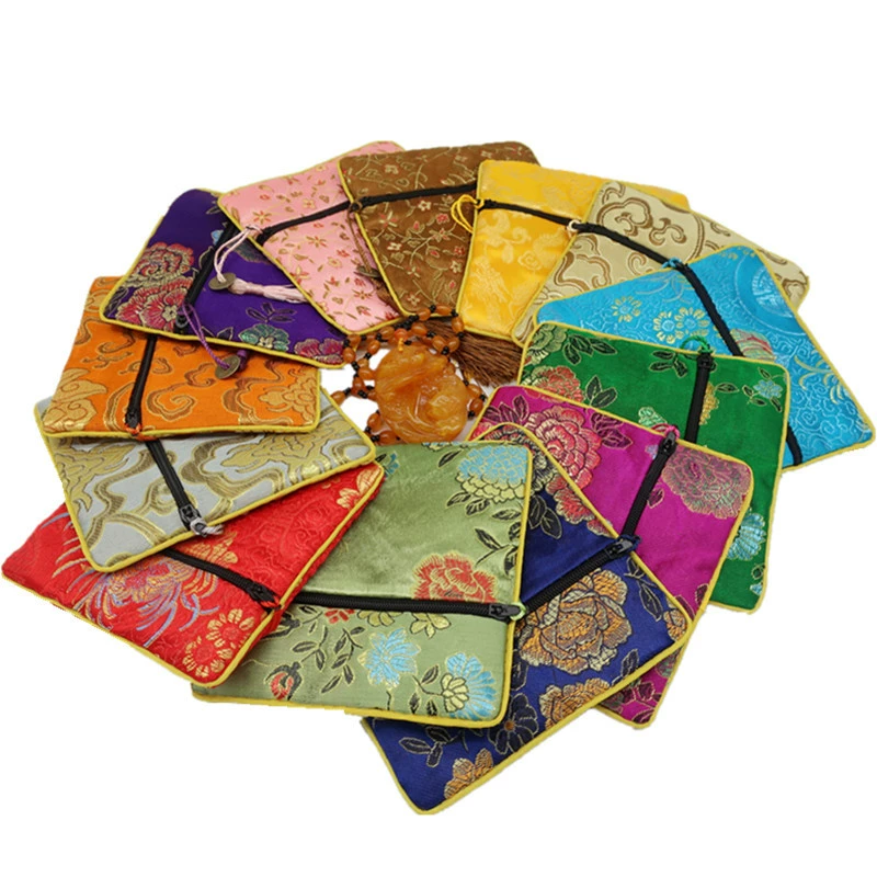 В наличии Оптовая кисточка на молнии квадратная сумка парча сумка для ювелирных изделий Вышивка Ретро Маленькая тканевая сумка Подарочная упаковка сумка для хранения