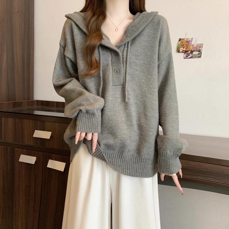 美式复古半开衫纯色连帽毛衣女秋冬季宽松慵懒风软糯针织衫外套女