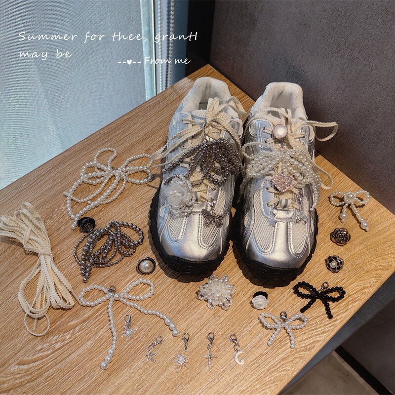 Korean-style Dongdaemun Ballet Shoes High-grade Decorated Pearl Bow Shoes Flower Pendant Silver Grey Beaded Shoe Buckle Shoelace