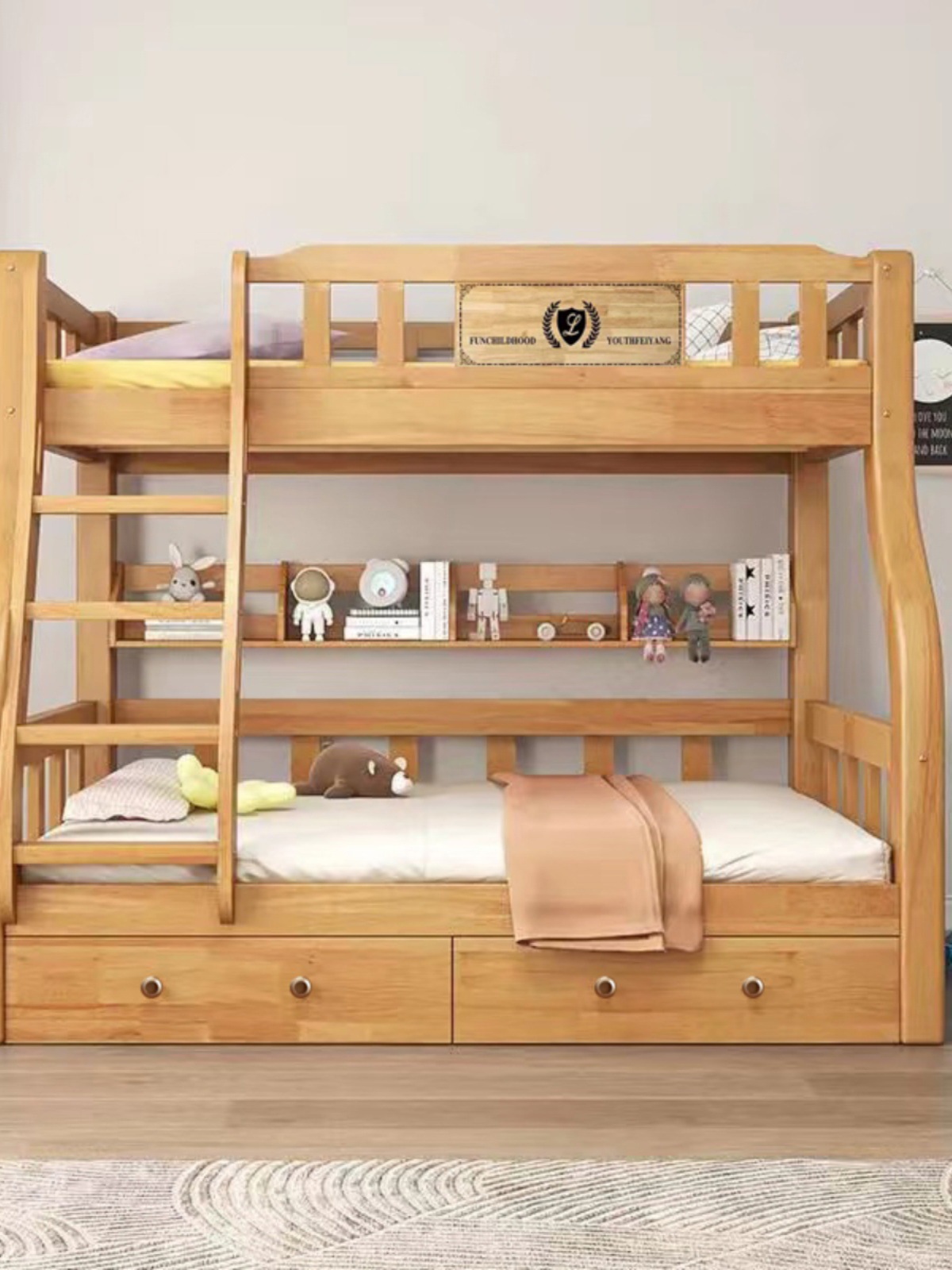Solid Wood Bunk Bed with Dovetail Joints, Staggered Height, Thickened and Reinforced Children's Bed