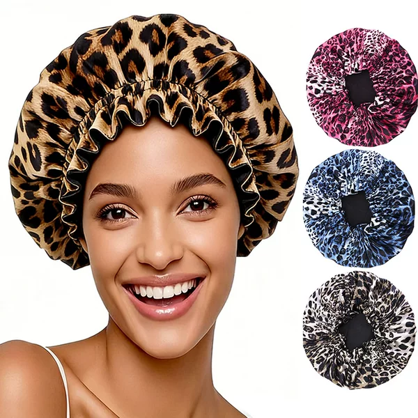 New Cross-Border Leopard Print Double-Layer Sleep Cap with Ruffled Edges, Beauty and Hair Care Cap, Headscarf Cap Jdb-443E