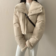 棉服女短款外套女韩版翻领仿羊羔毛宽松双面穿长袖面包服外搭棉衣