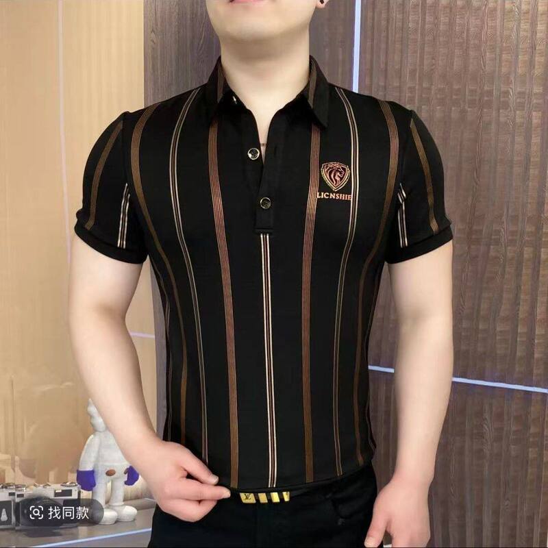 European-Style Summer Men's Ice Silk Turn-Down Collar Short-Sleeve T-Shirt, Light Luxury Fashion, Simple Gold-Stripe Design, Mature Style Polo Shirt European-Style Summer Men's Ice Silk Turn-Down Collar Short-Sleeve T-Shirt, Light Luxury Fashion, Simple Gold-Stripe Design, Mature Style Polo Shirt