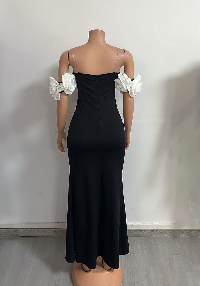 Elegant Fitted Strapless Long Dress Style Floral Embellishments Sleeveless Off-Shoulder Women's Dress_ecoleips.com