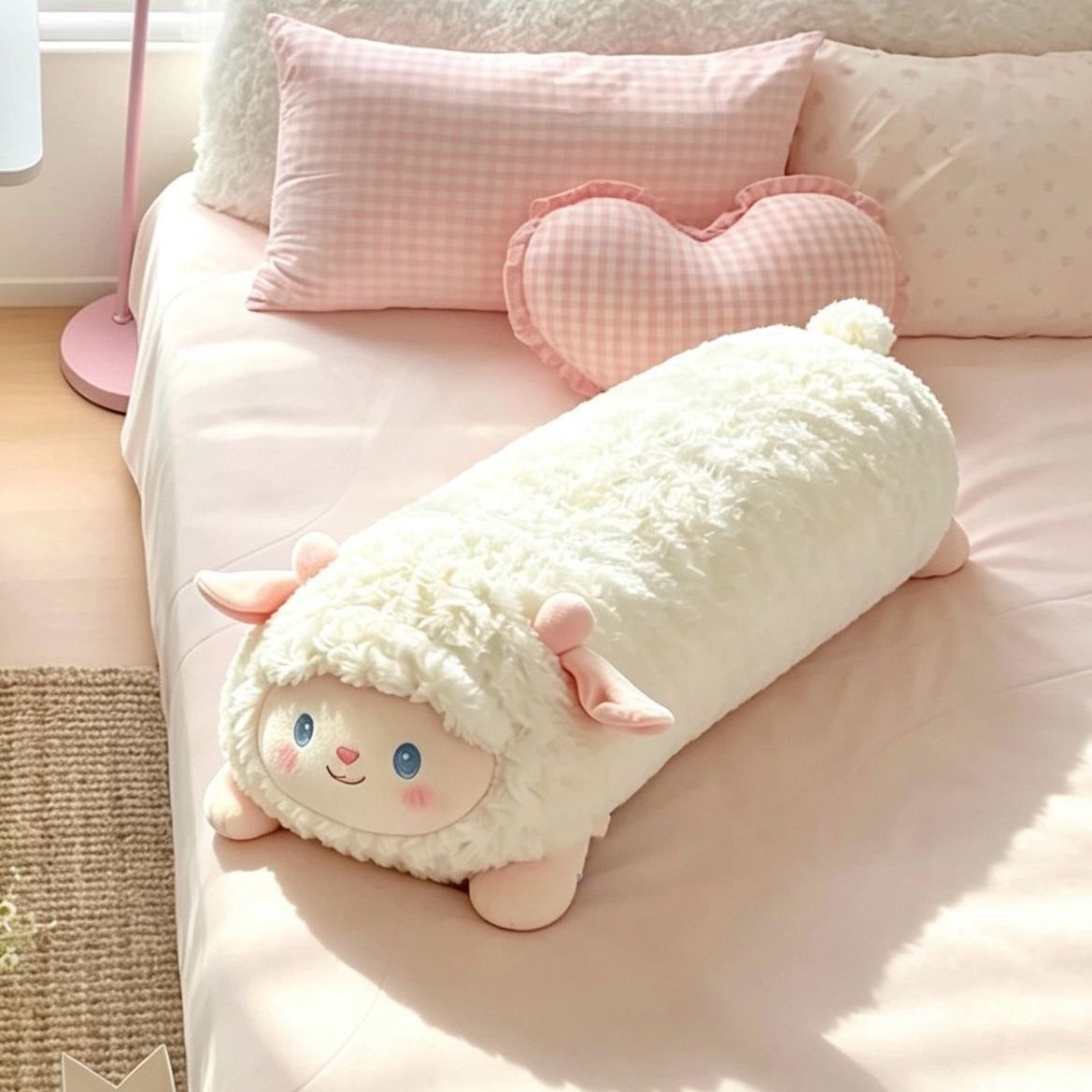 Cute fluffy little lamb long pillow plush toy for side sleeping, leg-hugging doll for bed and dormitory use