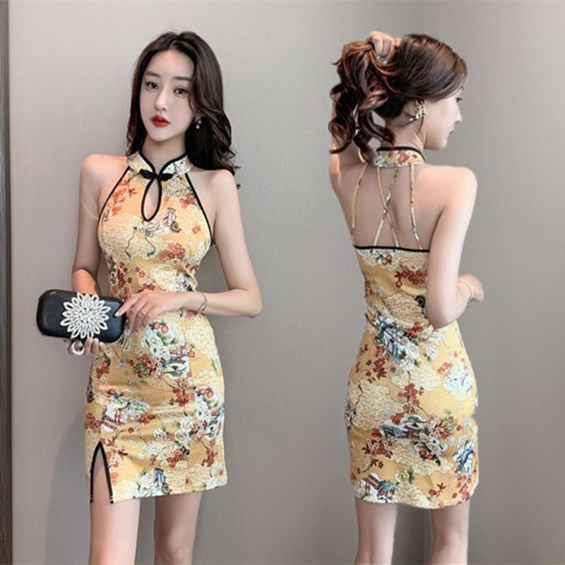 Vintage Girl's Printed Modified Cheongsam Summer New Sexy Sleeveless Slim-fit Short Split Hip Dress for Women