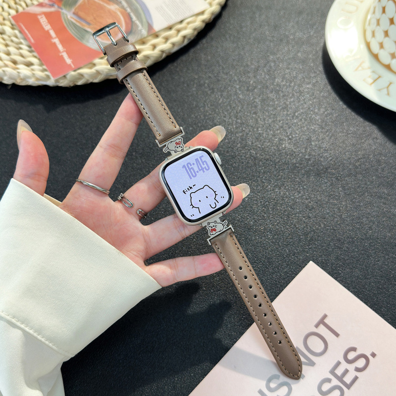 适用苹果表带AppleWatch1-11代/Ultra3/SE爱心小猫皮质手表带|undefined
