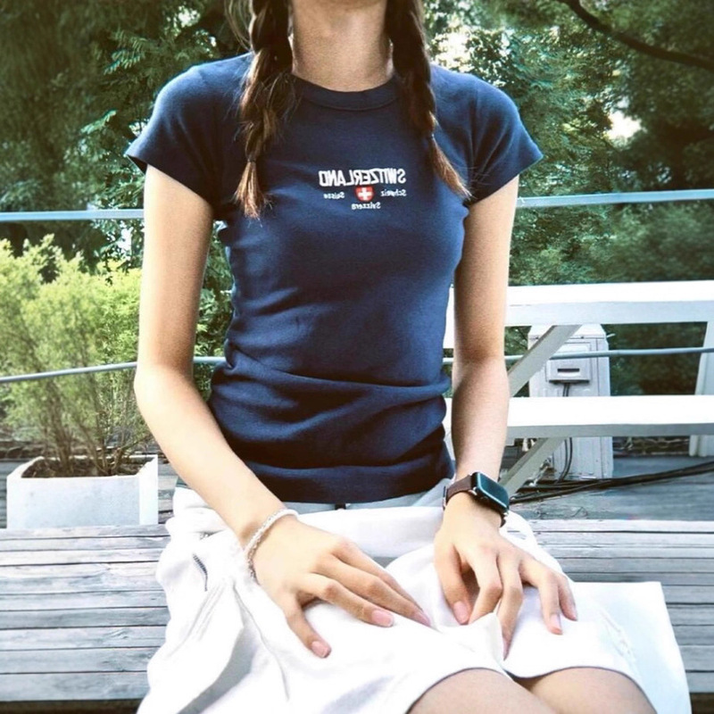 Bm New Beanie Same Style American Retro Letter Printed Short-Sleeved T-Shirt Bm Versatile Slimming Look Top Women's Summer