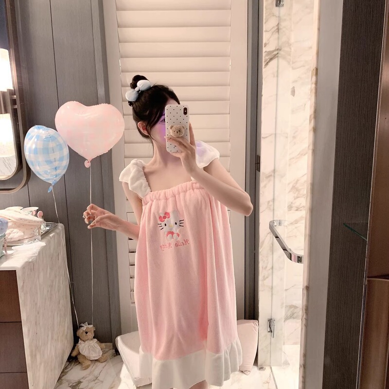 Cute Hellokitty Suspender Bath Dress That Can Be Worn as a Tube Top, Absorbent Towel, Embroidered Princess-Style Bathrobe