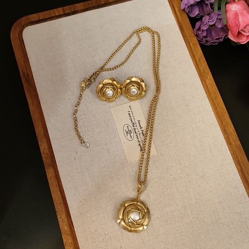 跨境ins风14k金色玫瑰花锆石项链吊坠中古vintage小众轻奢风套装|undefined