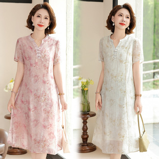Mom Chiffon Thin Dress Summer Dress Middle-Aged Women Slim Short-Sleeved Skirt 2025 New Lady Women's Clothing