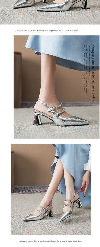 Giày sandal cao gót nữ mũi nhọn gót thô hở gót kiểu Mary Jane đính đá, gót 6–8 cm — Màu bạc, Màu trắng ngà chi tiết 10