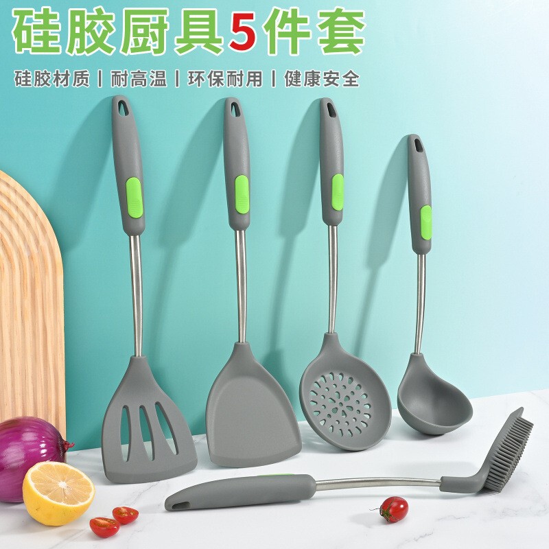 Stainless Steel Silicone Spatula 5-Piece Set Non-Stick Soup Spoon Slotted Spoon Cleaning Brush Spatula Kitchen Utensil Set Cross-Border Fast Delivery Stainless Steel Silicone Spatula 5-Piece Set Non-Stick Soup Spoon Slotted Spoon Cleaning Brush Spatula Kitchen Utensil Set Cross-Border Fast Delivery