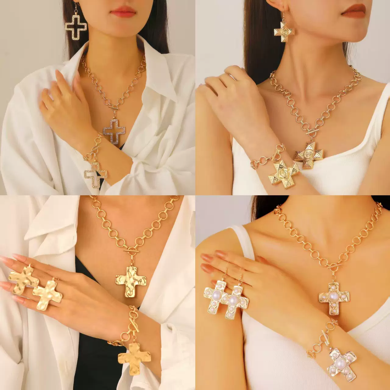 欧美跨境饰品个性十字架合金吊坠项链  冷淡风夹简约网红锁骨链女