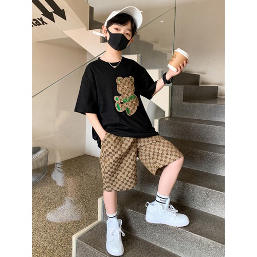Children's bear short-sleeved suit summer  new boys and girls handsome clothes trendy shorts two-piece set children's clothing trendy