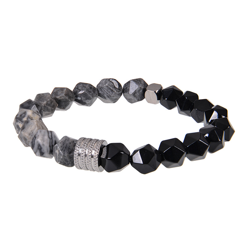 速卖通Ebay不锈钢手链10mm切面地图石黑曜石手链男士弹力绳手镯