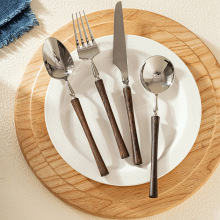 新款ins木柄不锈钢勺子西餐勺实木柄小蛮腰刀叉鸡翅木餐具