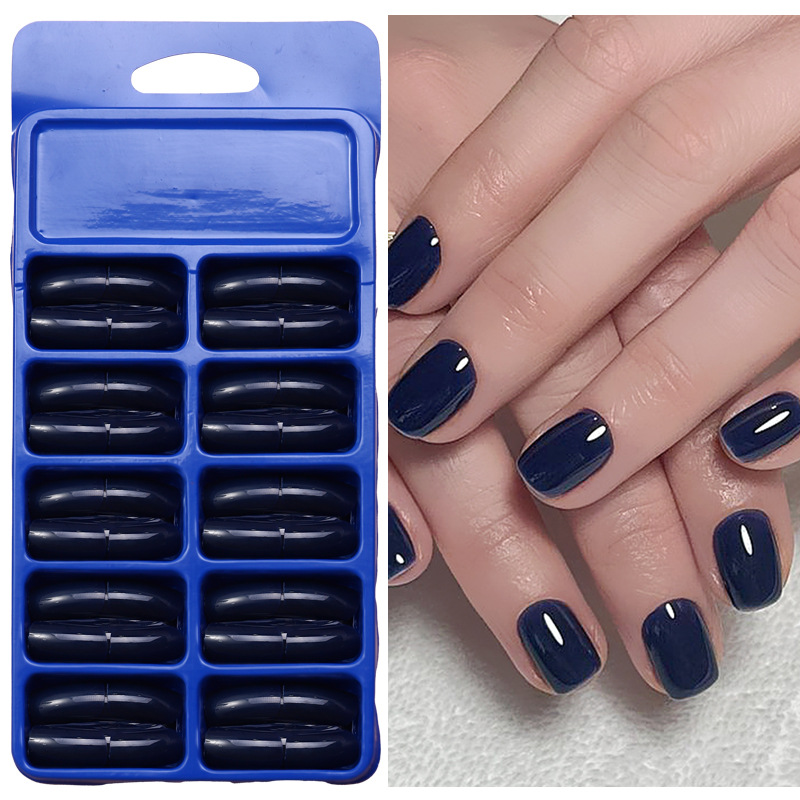 120 piezas de uñas falsas de color sólido desnudas cuadradas cortas desmontables de uñas en una caja azul