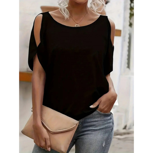 2025 Shoulder-Strap New Korean Version Summer Stylish Design Regular Small Hollow Short-Sleeve Top with Large Round Collar