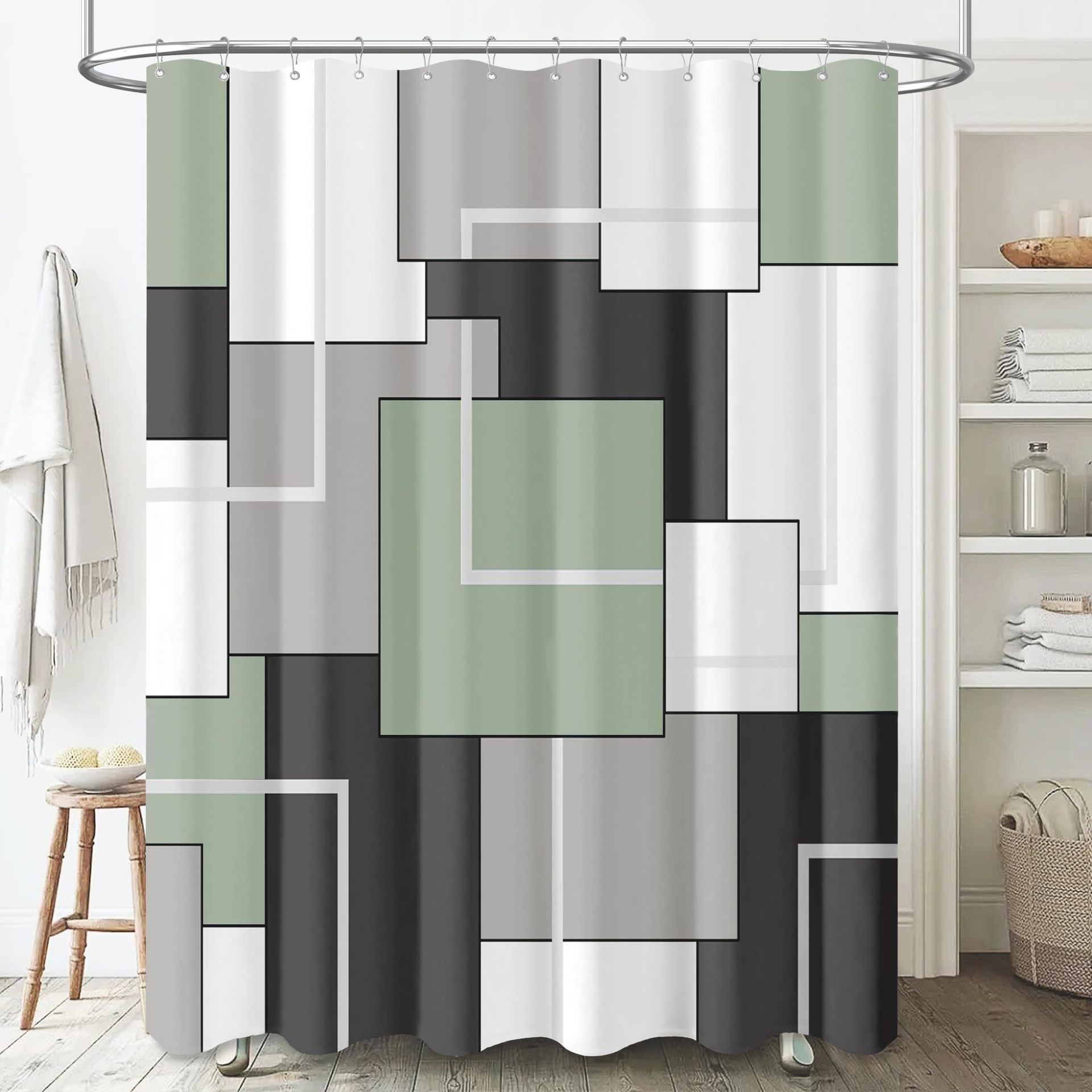 Cross-Border Shower Curtain Modern Abstract Square Pattern Shower Curtain Digital Printing Bathroom Toilet Waterproof and Mildew-Proof Partition Curtain