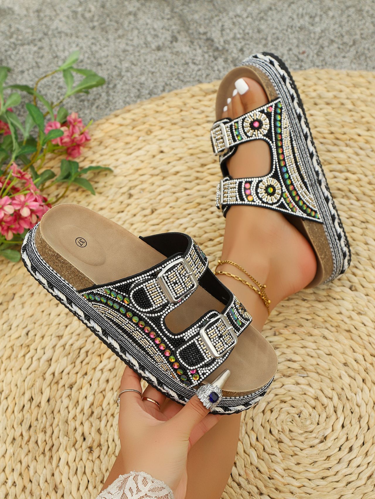 Women's Summer Rhinestone Platform Sandals Thick Sole Belt Buckle plus Size Shoes Size 43 New Style_vogvips.com