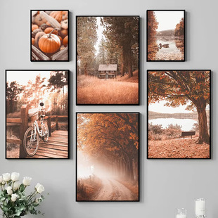 Nordic Forest Autumn Red Deciduous Pumpkin Wooden House Lake Bicycle Living Room Bedroom Decoration Hanging Painting Core