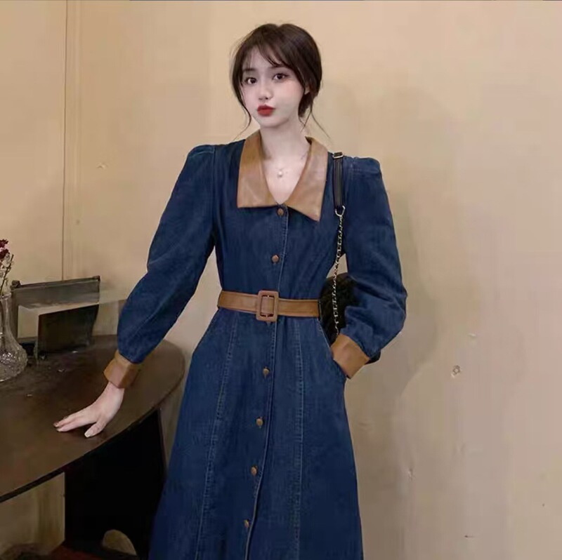 Plus Size Women's Clothing 2025 Spring and Autum New Fat mm French Retro Elegant Waist Slimming Look Denim Long-Sleeved Dress