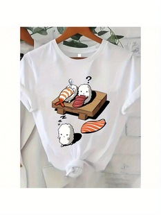 1 Piece of Women's Casual Short-Sleeved T-Shirt - Cute Cartoon Sushi Print with Fun Cutting Board Design Round Neck
