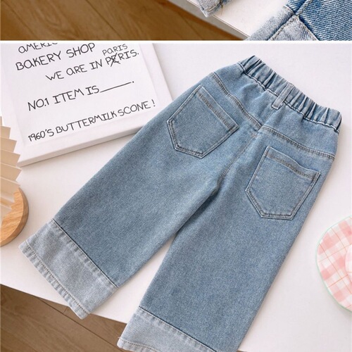 Women's Spring and Autumn Denim Jeans 2024 New Trendy Splicing Denim for Young Children, Unisex Fashion Straight Leg Pants, Fashion Trend