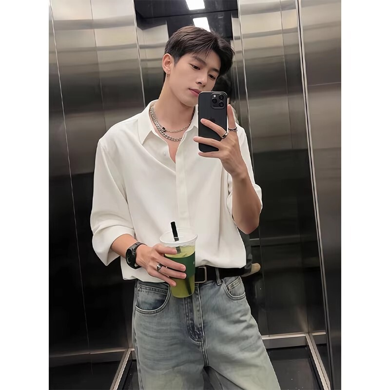 Green British-Style Long-Sleeved Shirt for Men, Summer Cleanfit Style, Cool and Handsome Ice Silk Suit Shirt