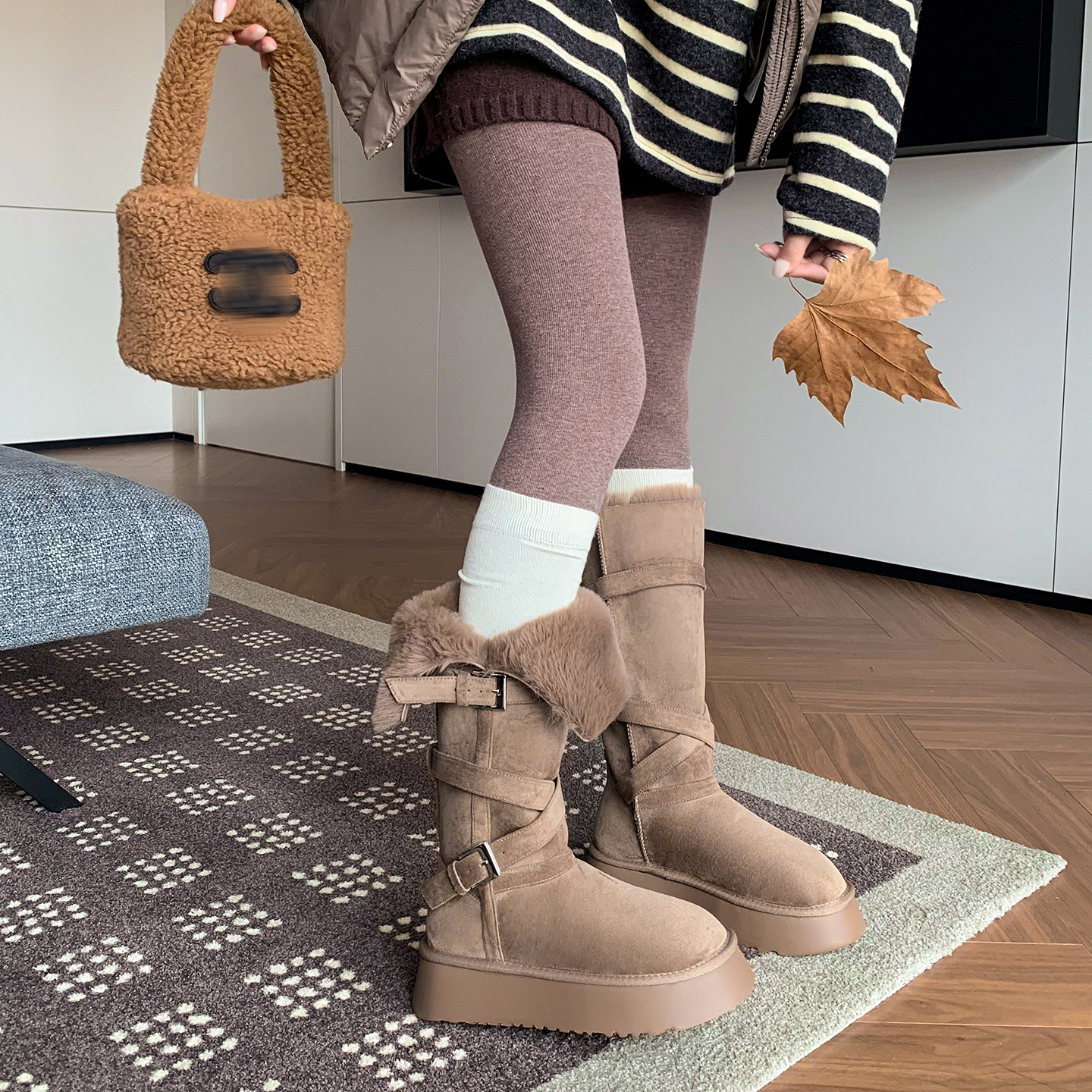 zijin家~暖宝靴~ins网红博主款交叉带翻边厚底加绒加厚雪地靴冬款