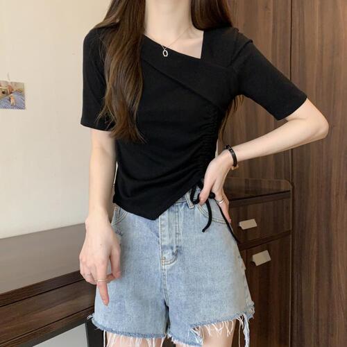 Sweet and Spicy Plus Size Women's Summer Square Shoulders Top with Irregular Design, Drawstring, Ab Covering, Slimming Short Sleeve T-Shirt for Larger Ladies