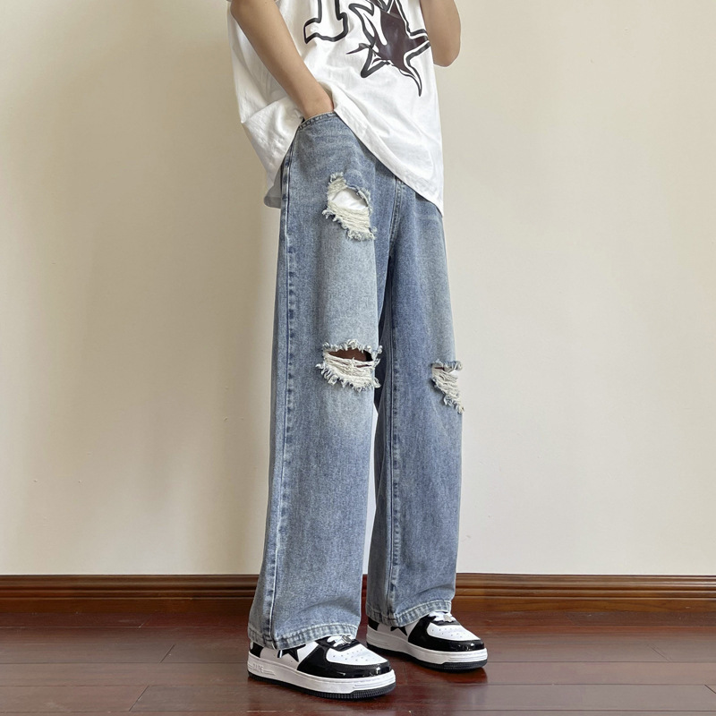 Ripped Denim Pants Men's Spring and Autumn American Retro Fashion Brand Straight Leg Wide Leg Pants High Street Vibe Handsome Casual Pants Ripped Denim Pants Men's Spring and Autumn American Retro Fashion Brand Straight Leg Wide Leg Pants High Street Vibe Handsome Casual Pants