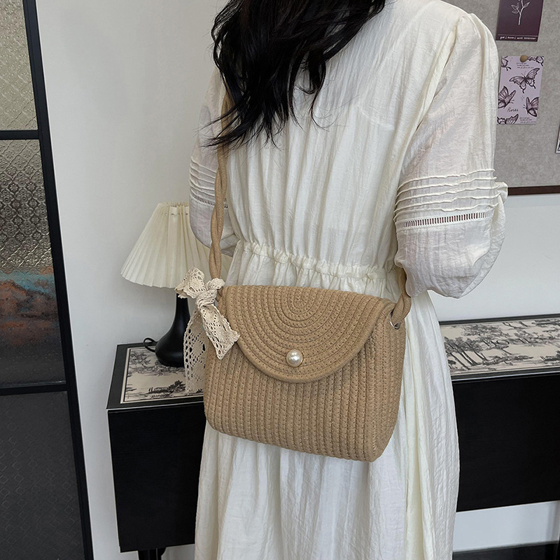 Bolso de tejido para mujeres 2024 nuevo verano cordón trenzado mochila de hombro bolso de hombro pequeño arco encantador