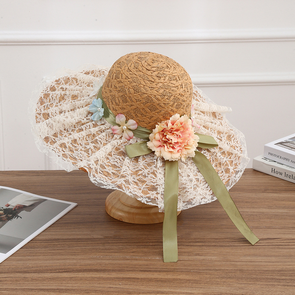 Sombrero de paja con lazo – estilo veraniego, ala ancha, para playa o vacaciones al aire libre