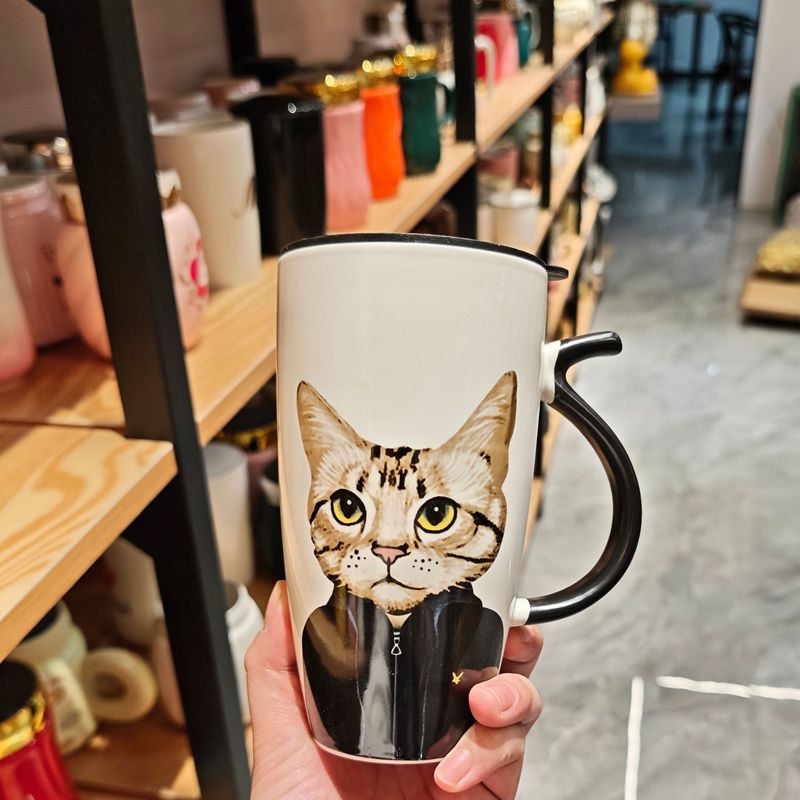 卡通大容量猫猫陶瓷杯带吸管家用水杯马克杯情侣对杯牛奶咖啡杯|undefined
