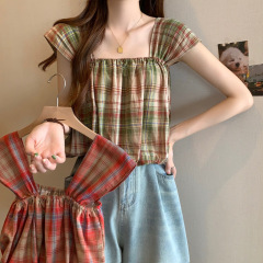 Pure Desire Sleeveless Backless Blouse for Women, Slim-Fitting Outerwear Short-Sleeve Top Summer Checkered New Sweet Stylish Bodycon Women's Fashion