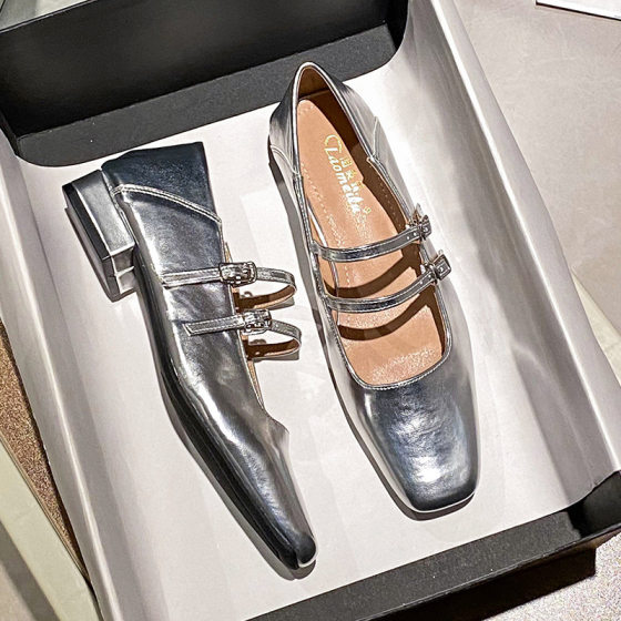 silver Mary Jane Shoes Women's All-match Square Top One-character Buckle Shallow Mouth Thick Mid-heel Single-layer Shoes All-match Elegant plus size Women's Shoes