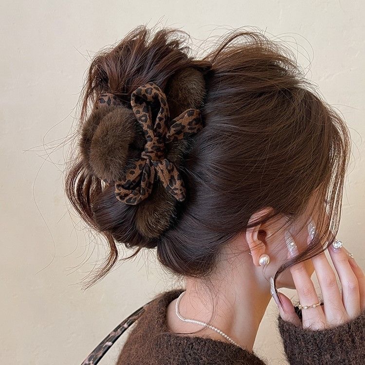 73#Leopard print bow brown plush about 13cm