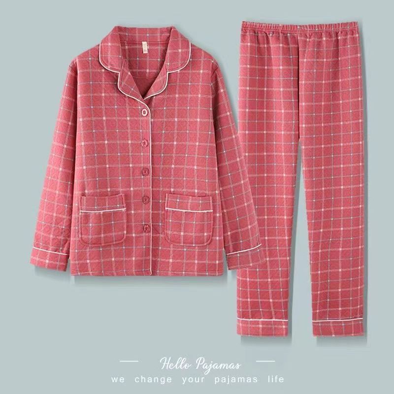 100% pijamas de algodón de las mujeres de otoño e invierno cardigan engrosado acolchado de manga larga sándwich de aire de Algodón de Primavera y Otoño desgaste del hogar
