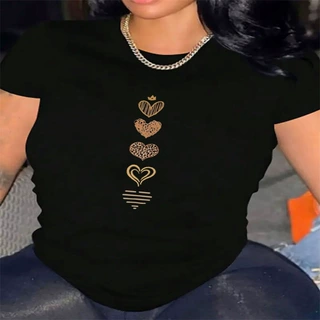 跨境现货女士夏季T恤印花时尚休闲可爱短袖女式圆领印花短袖 T 恤
