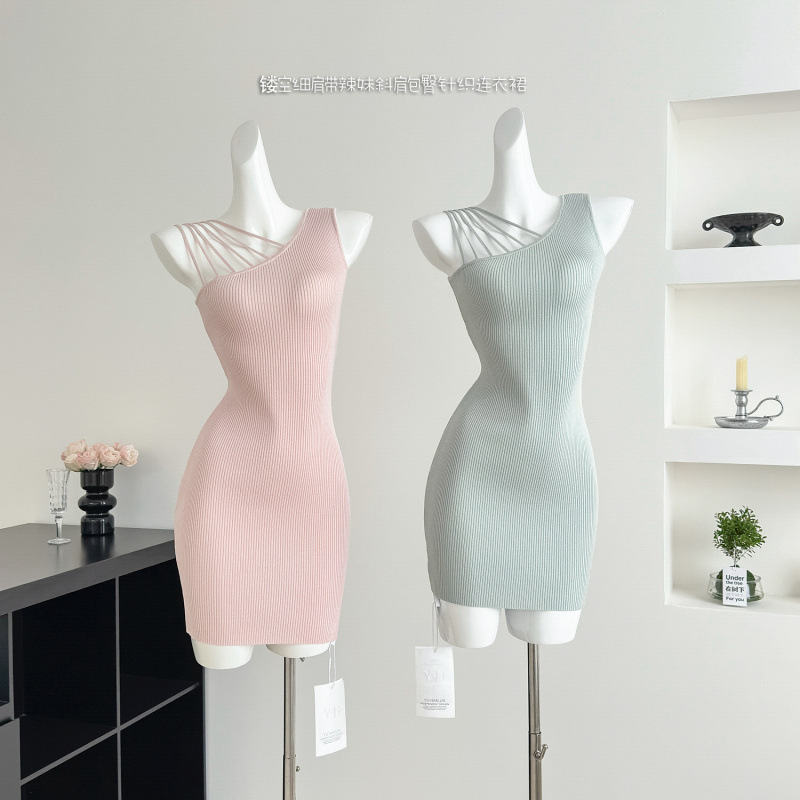 Green Forest Hollow-Out Spaghetti Strap Sexy One-Shoulder Bodycon Knit Dress Green Forest Hollow-Out Spaghetti Strap Sexy One-Shoulder Bodycon Knit Dress