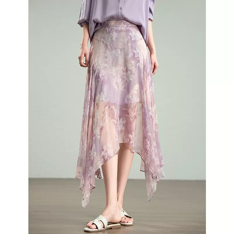 轻盈浪漫 100桑蚕丝数码印花真丝半身裙女2025夏新款碎花半裙长裙