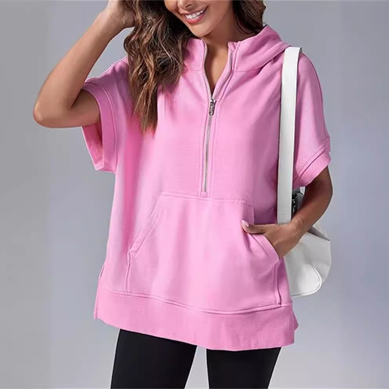 9987 Women's Oversized Half-Zip Hoodie Short-Sleeved Casual Sweatshirt Pullover Top with Pockets