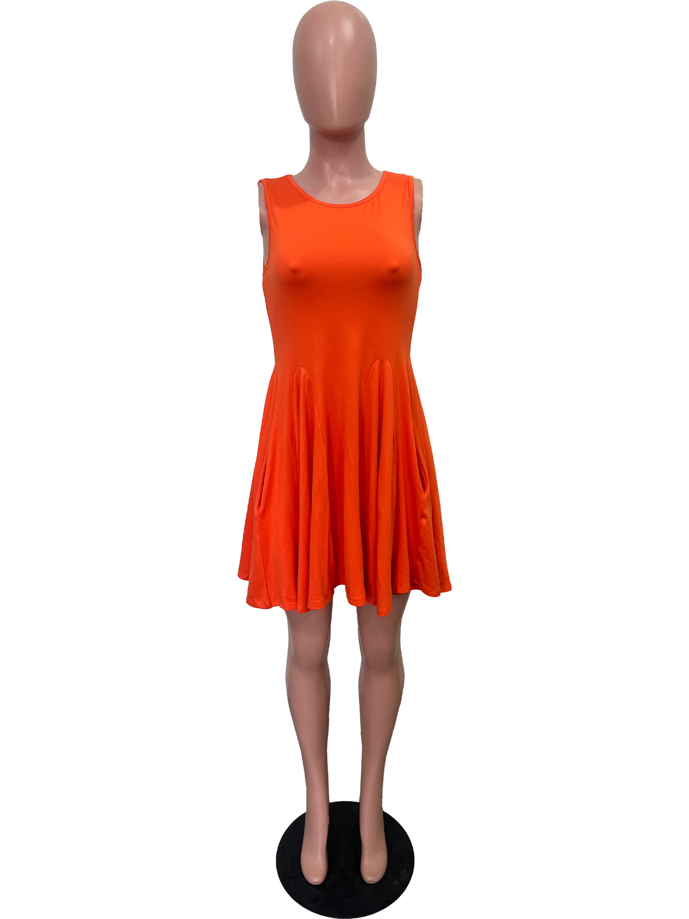 Women Clothing for Spring Summer Solid Color Round Neck Sleeveless Pocket Mini Dress