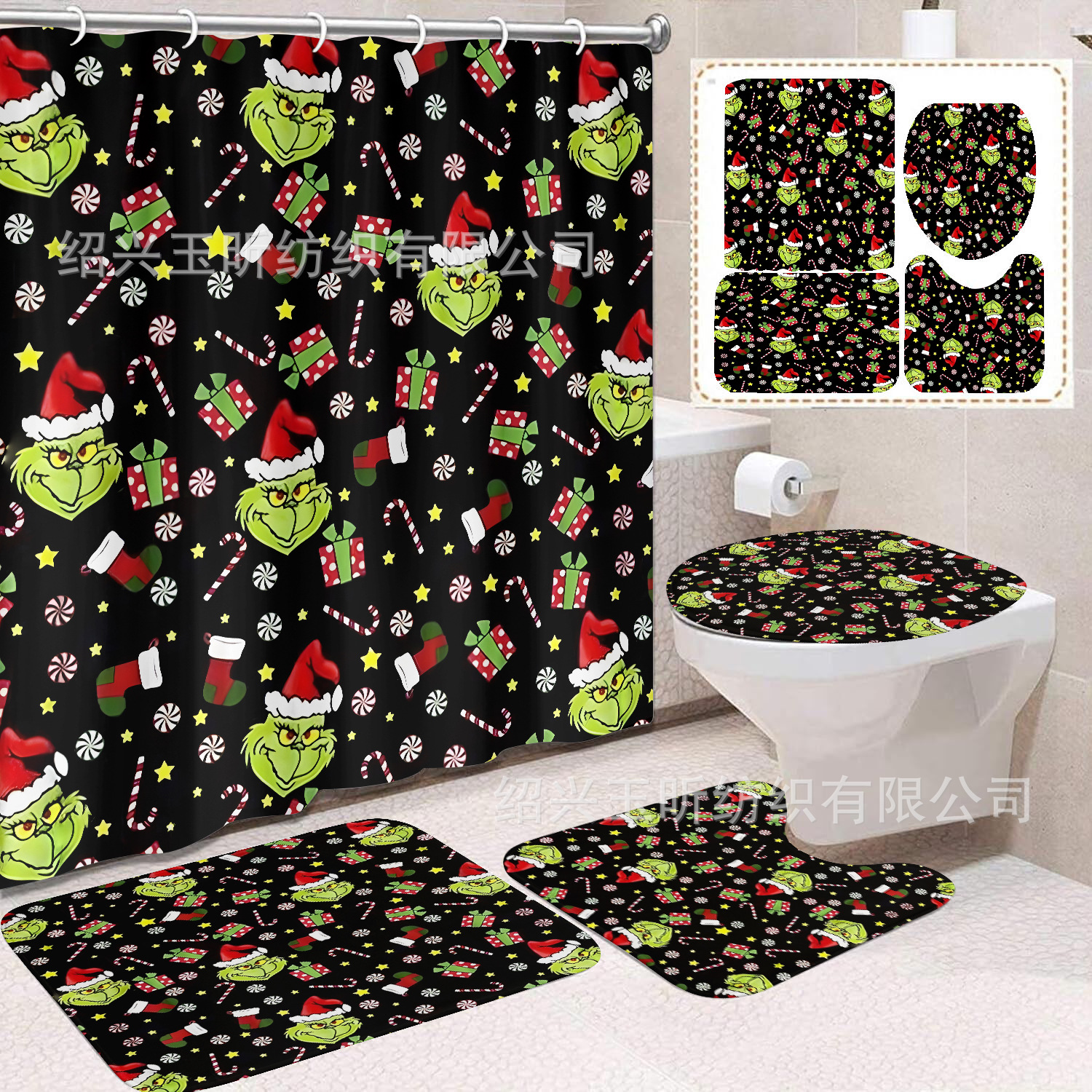 Tela de cortina de ducha transfronteriza, cortina de ducha impermeable, alfombra antideslizante de baño, juego de Grinch 4 de pelo verde al por mayor, sin perforación