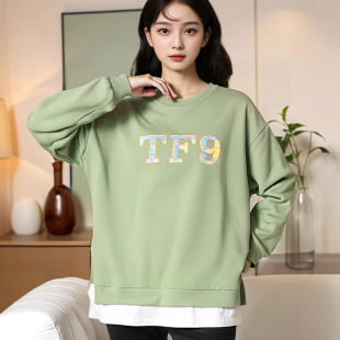 300kg extra-large women's chubby girl fake two-piece printed crew neck vests 2025 spring and autumn new niche design sense