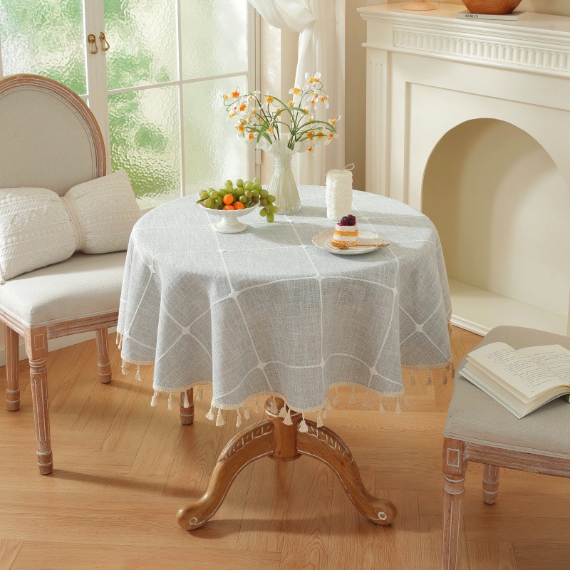 Lexuanxiu All-Cotton-Like Linen Round Embroidered Plaid Tassel Tablecloth Nordic Simple High-End Luxury Dining Tablecloth
