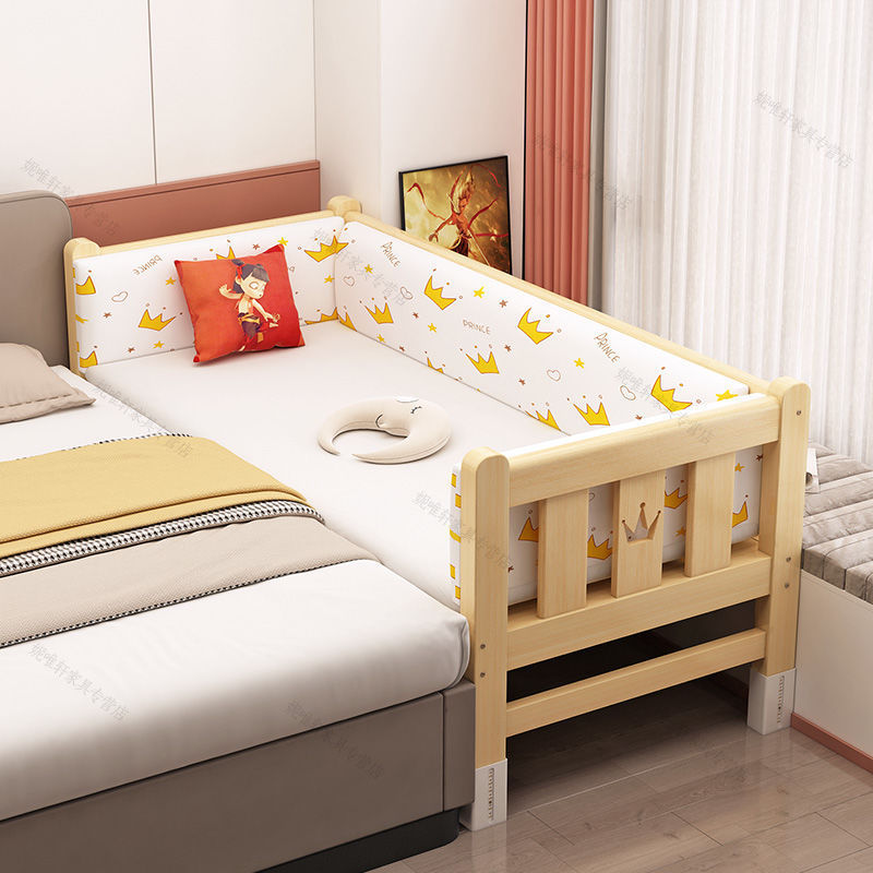 Solid Wood Splicing Bed, Widened Bedside, Single Crib for Male and Female Babies, Children's Bed with Guardrails, Adjustable Crib