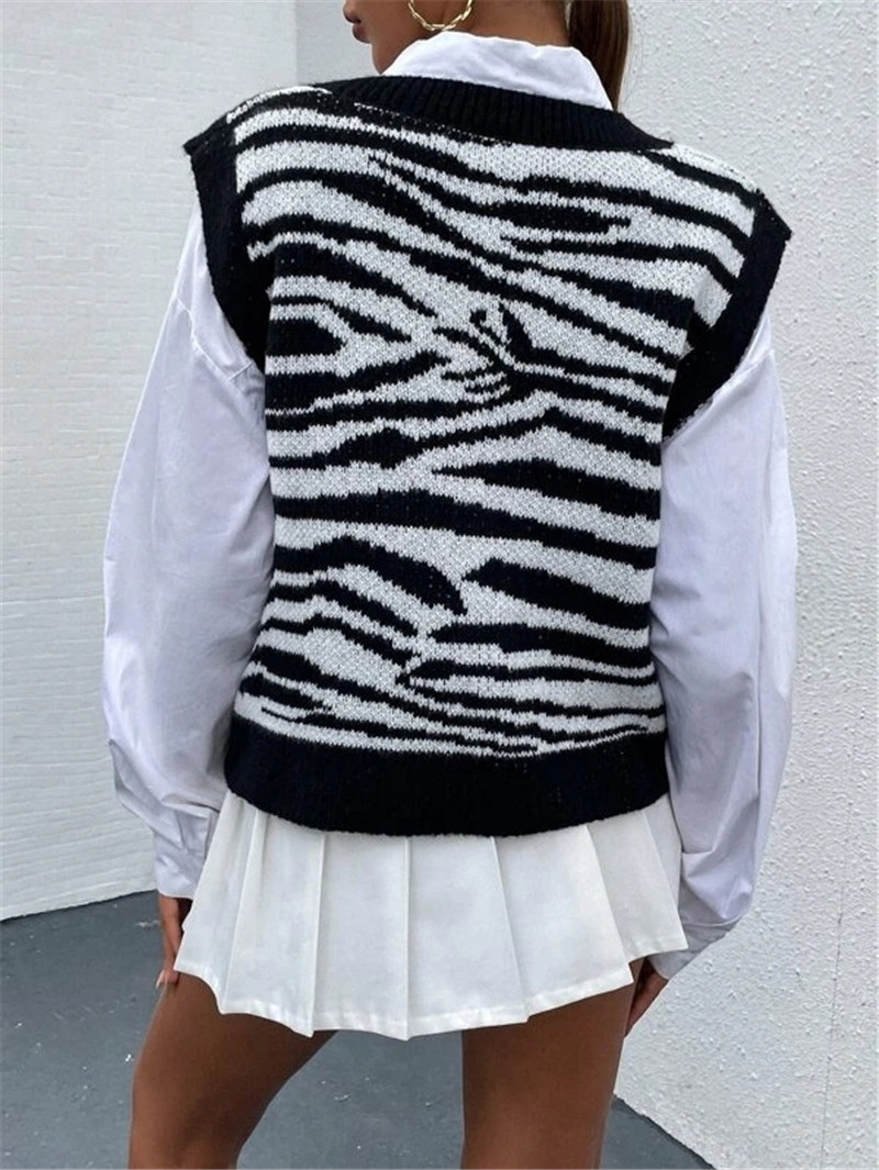 Sweater new knitted leopard print V-neck short sleeveless top women's vest_voghion.com